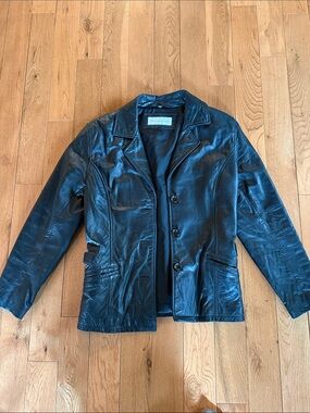 Jones New York Black Leather Pea Coat with Button Front